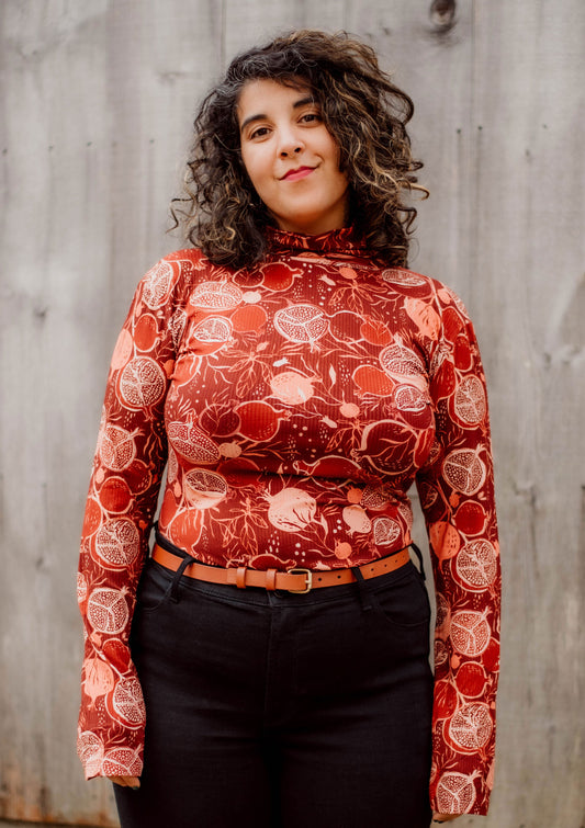 Night Pomegranate - Turtleneck Top- Bamboo Rib Knit