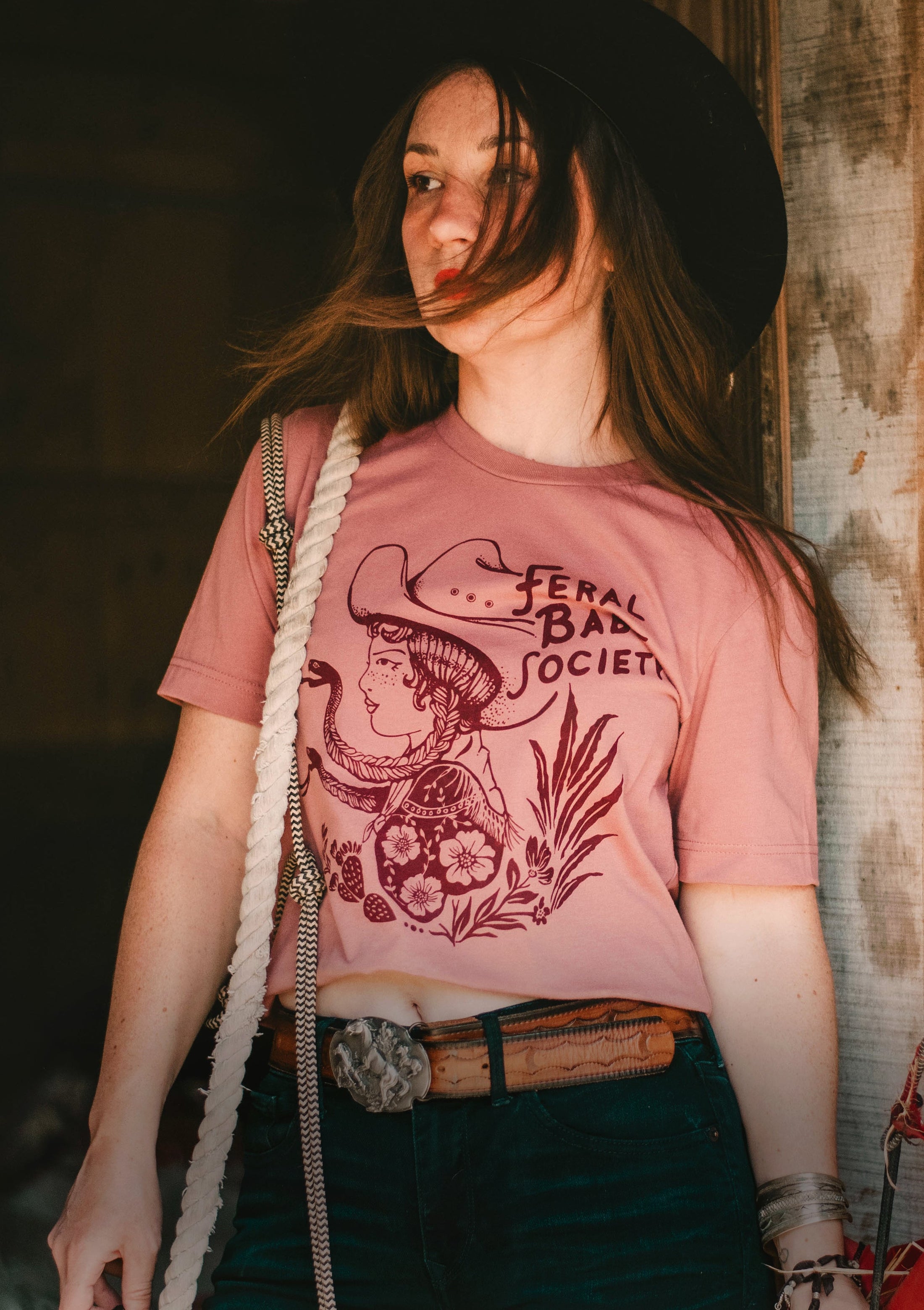 Feral Babe Society® - Vintage Venom - Full length Unisex t-shirt in Desert Rose