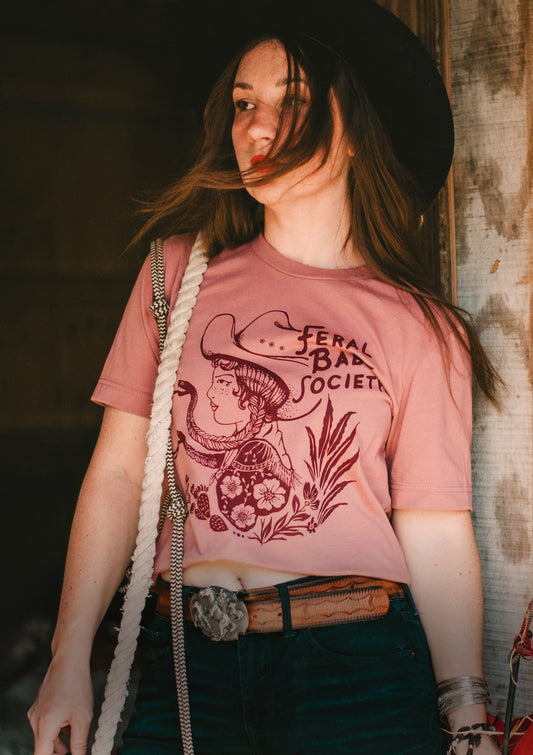 Feral Babe Society® - Vintage Venom - Full length Unisex t-shirt in Desert Rose