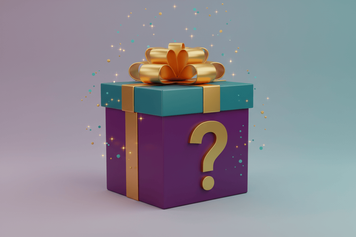 mystery box, present box with question mark on it